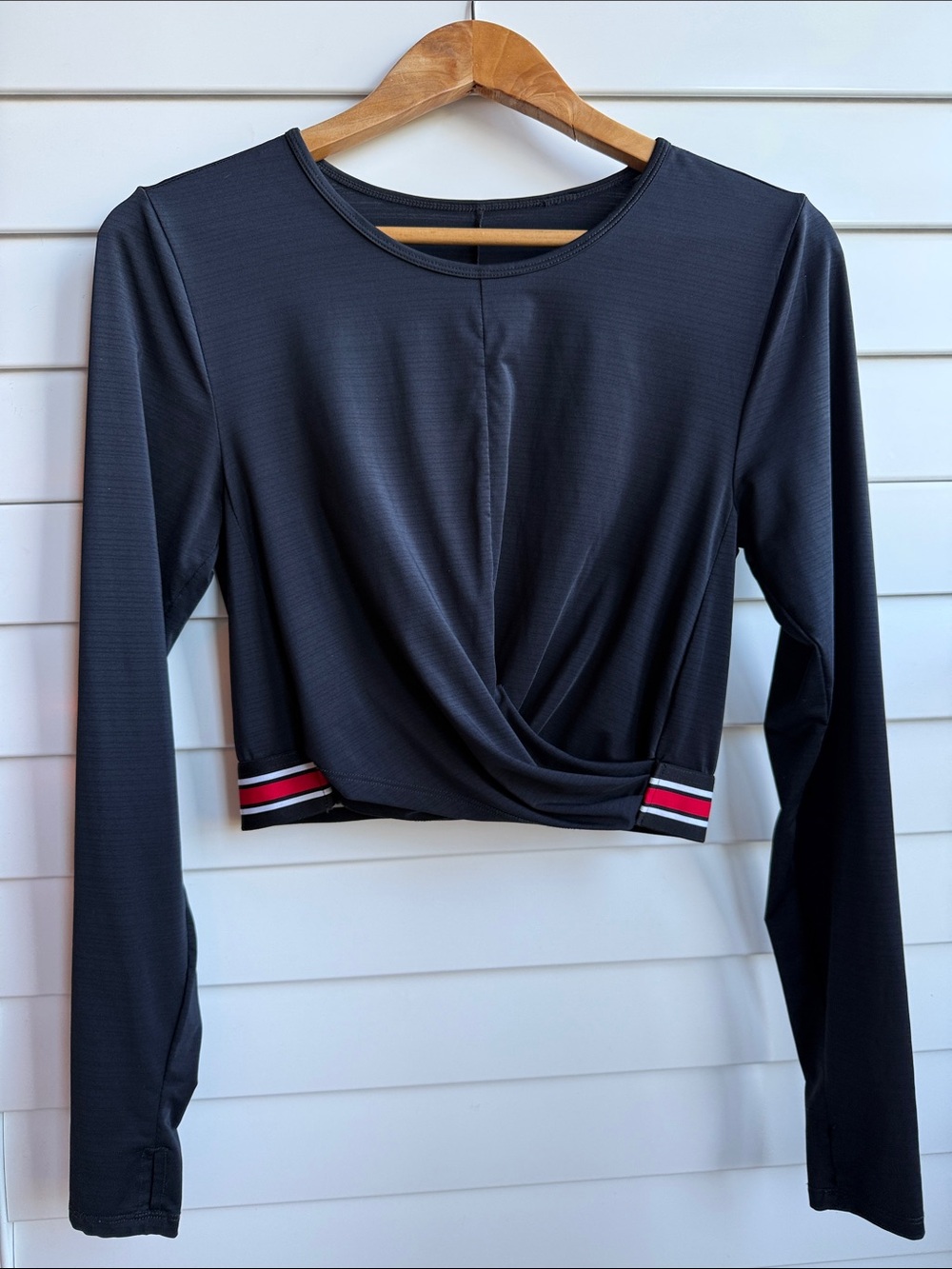 FABLETICS Twist-Front Black Long-Sleeve Crop with Stripe Hem